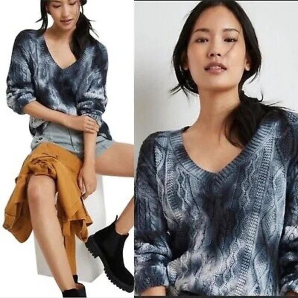 Anthropologie PILCRO Joni Tie Dye Grey and White V-Neck Cable Knit Sweater Small